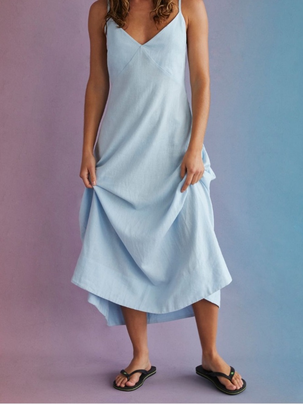 Free People Emmers Linen Light Blue Midi Dress - V-Neck Spaghetti Strap